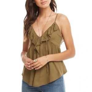 CHASER Heirloom Gauze Double Ruffle V Shirttail Cami Sage Green